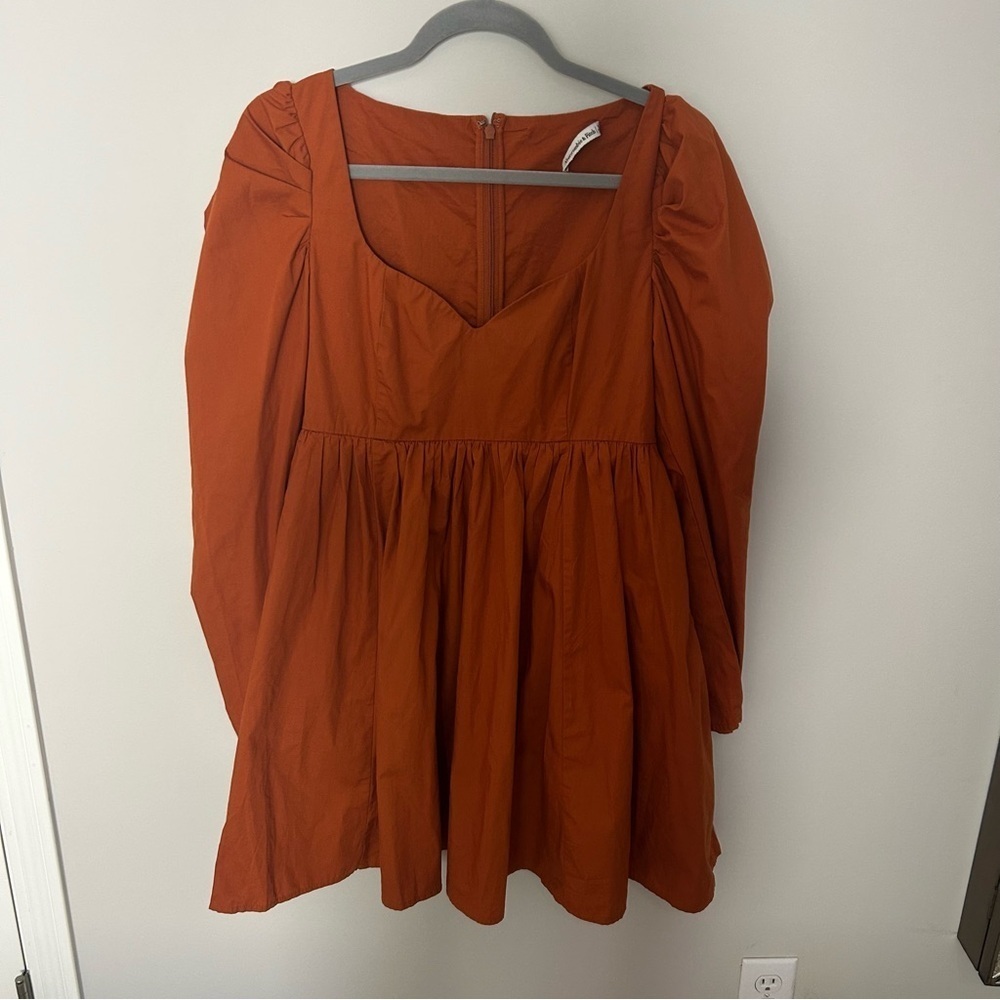 Abercrombie & Fitch Long Sleeve Poplin Babydoll Mini Dress Burnt Orange Medium - Picture 3 of 9